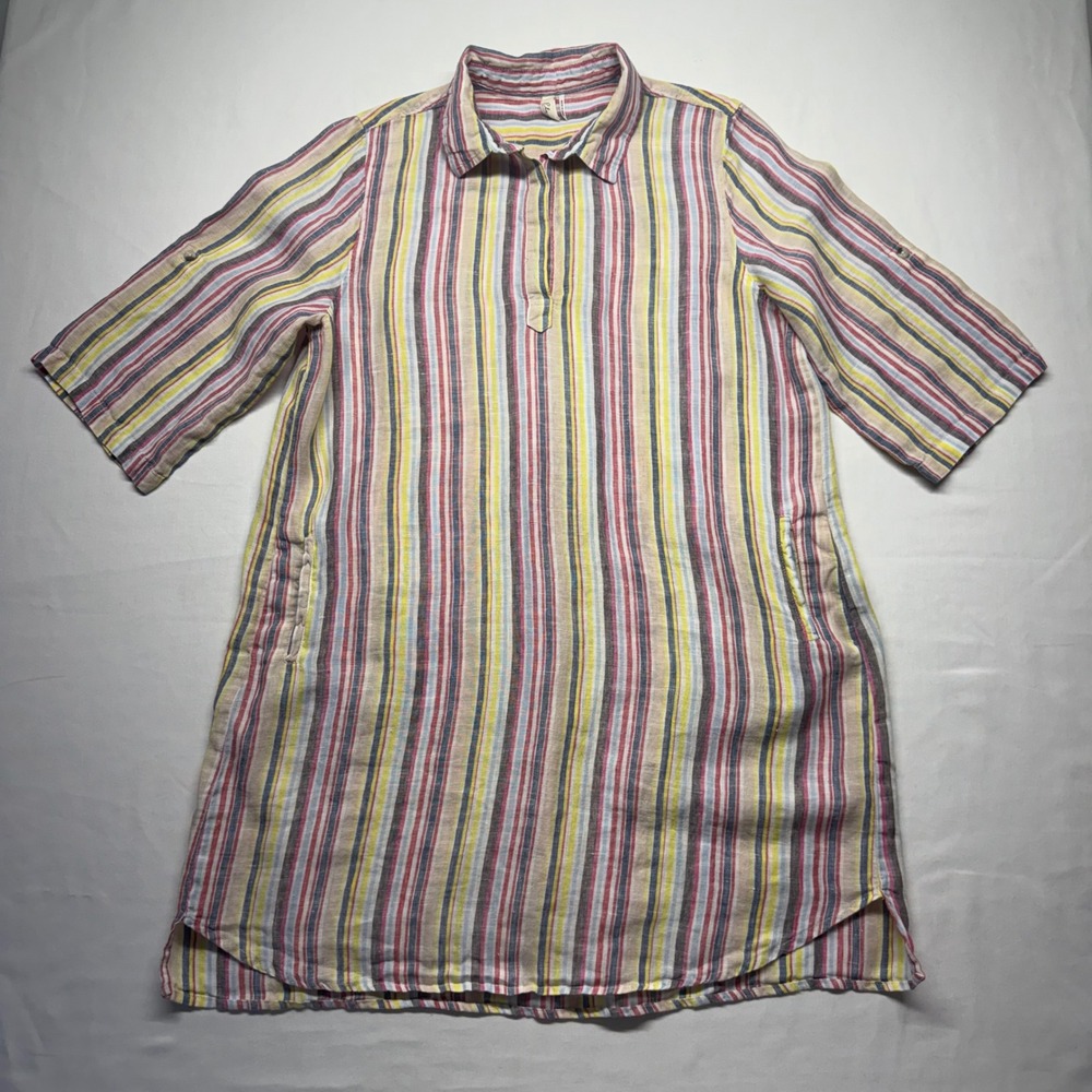 Elan Linen Tunic Dress M Striped Beach Cover Up Pockets Roll Tab Sleeve